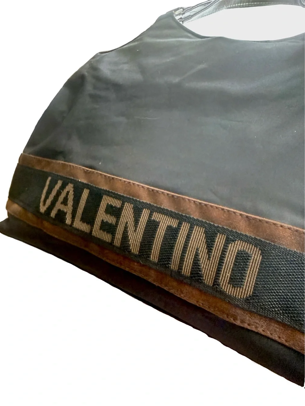 Valentino Rossa Black Nylon Triple Compartment Shoulder Tote Bag Brown Handles